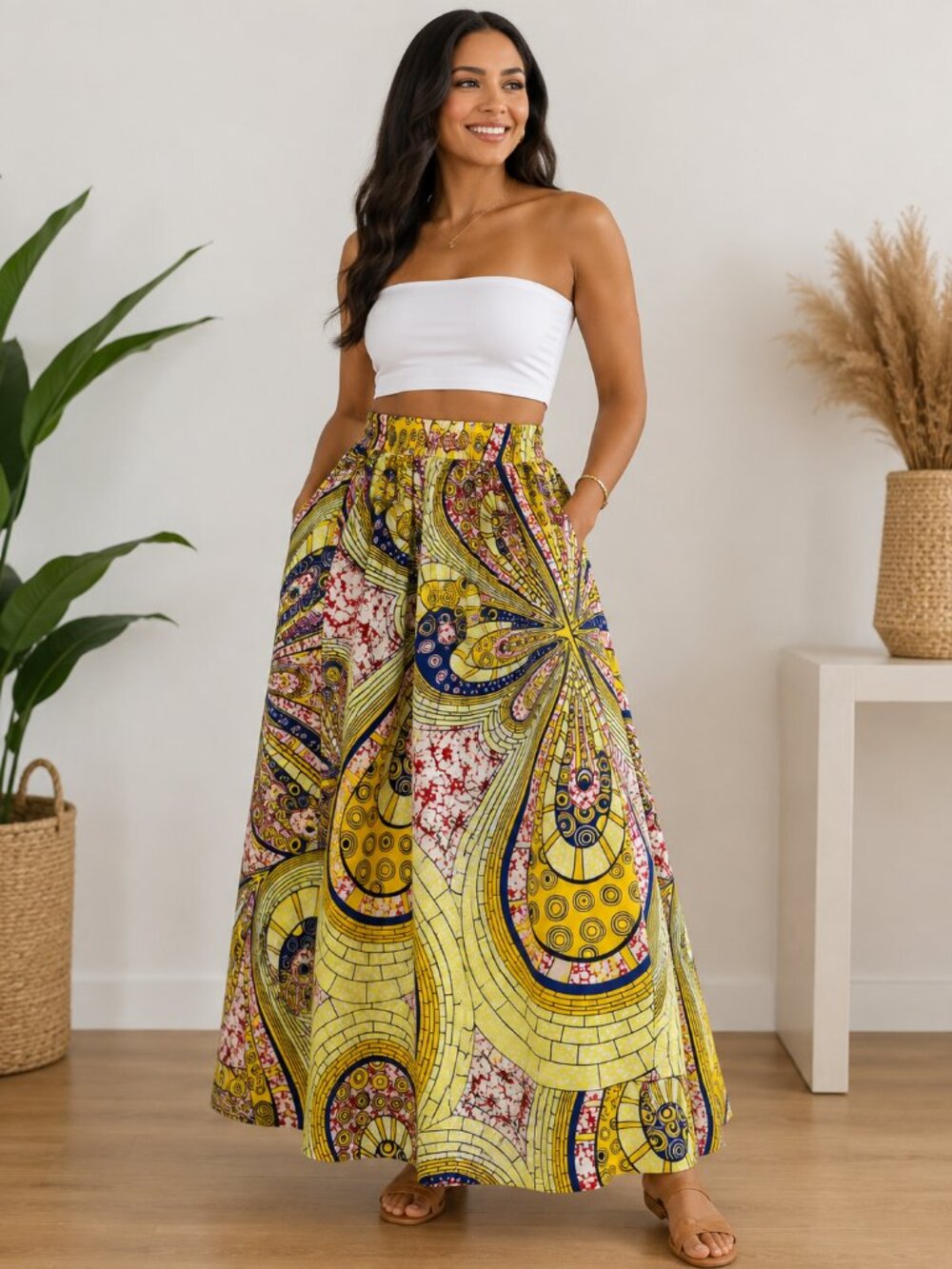 African Print Yellow Blue Red High Waist Maxi Skirt With Pockets Size M